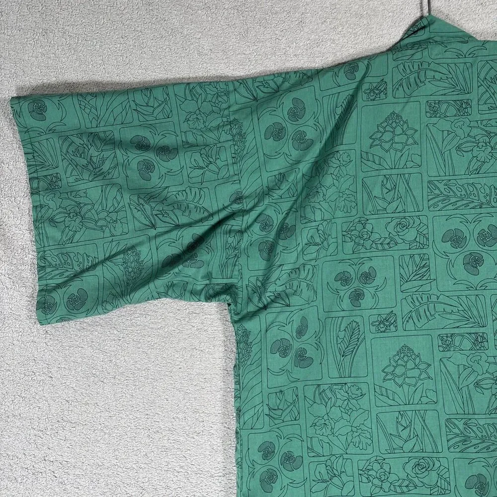 Vintage Women's‎ Emerald Green Kimono Robe Framed Botanical Patchwork Print MCM